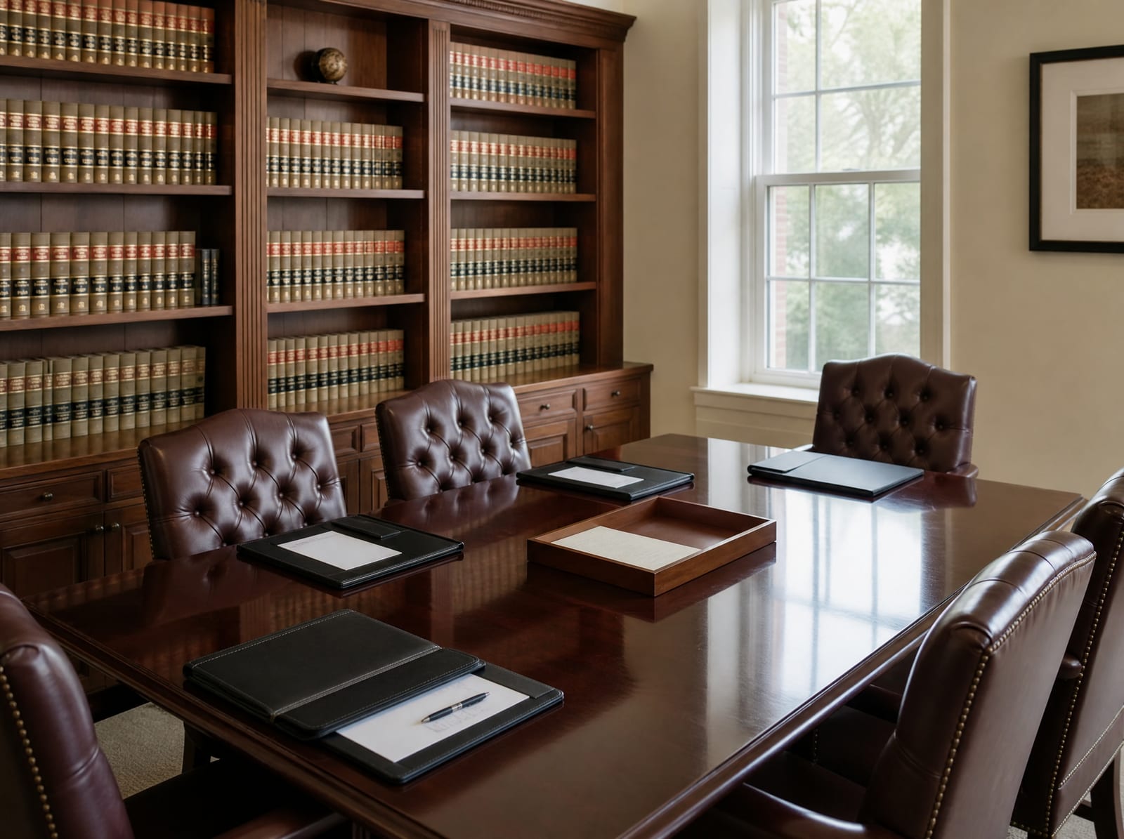A dignified law-office conference room with a polished wood table, upholstered leather chairs, a wall of bound law books, and neat document folders, conveying an experienced business litigation team