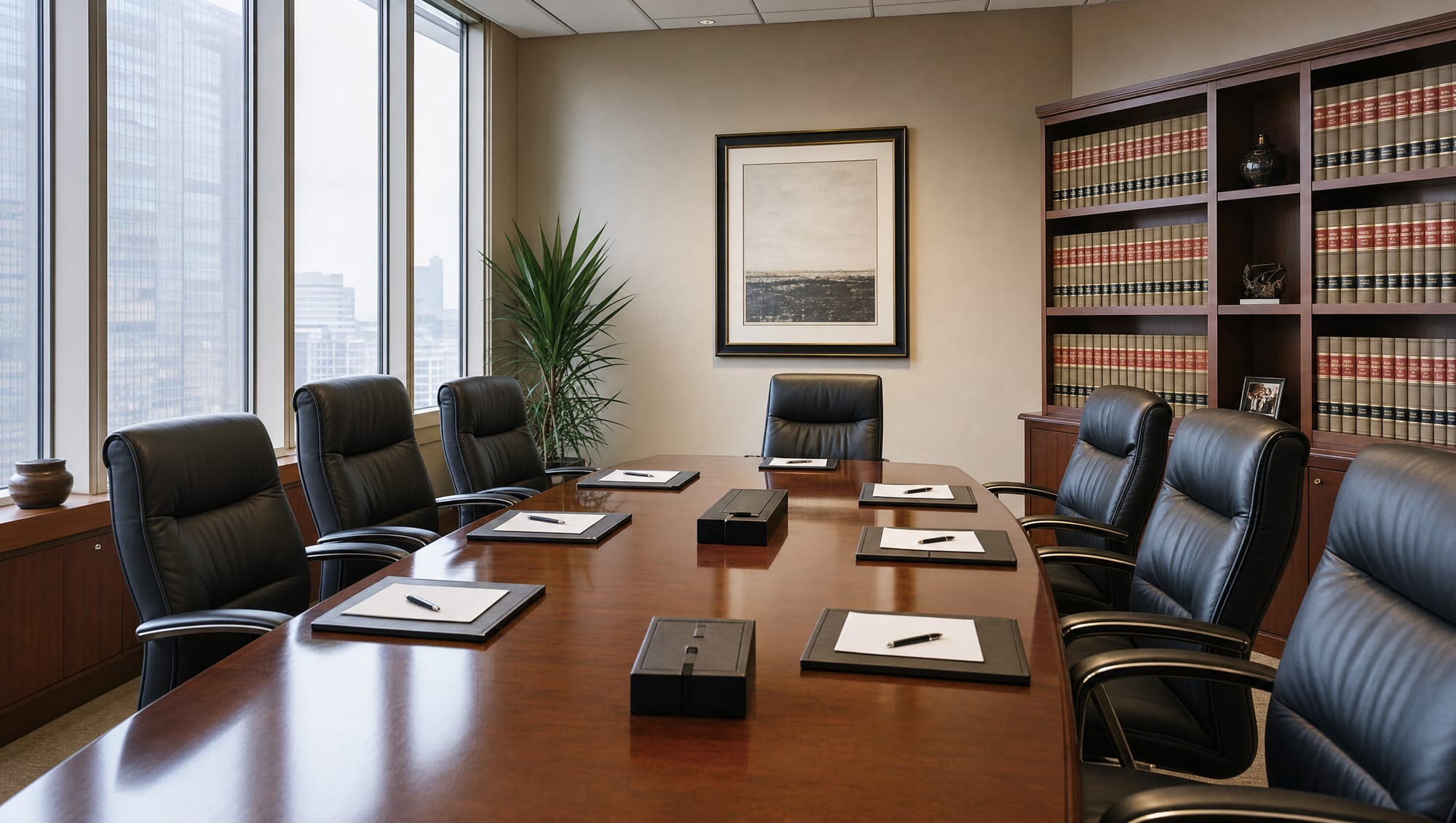 A corporate boardroom with a long polished wood conference table, high-backed leather executive chairs, neat document folders, and a shelf of law books, the setting for partnership and shareholder ownership disputes