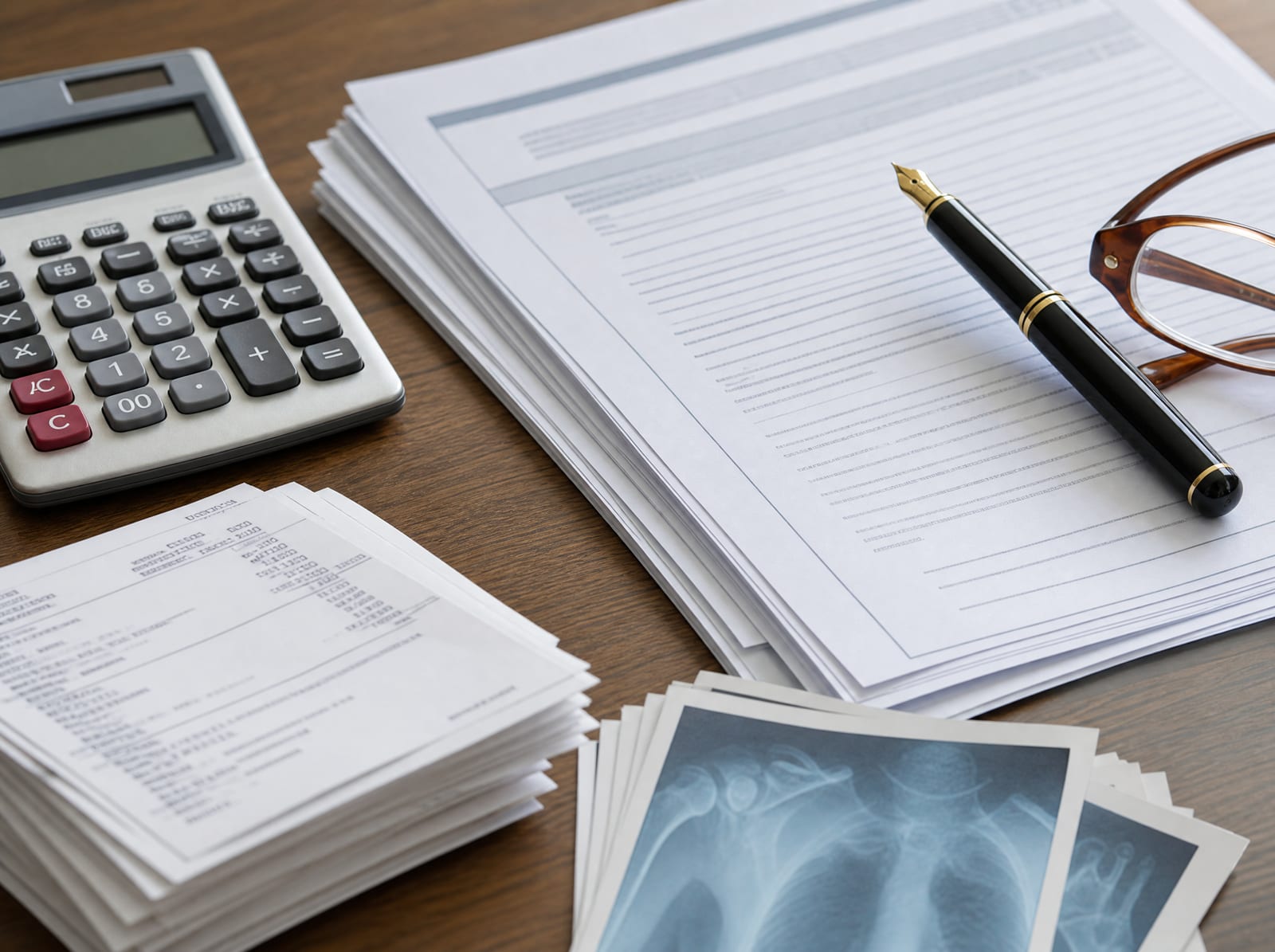 A stack of medical bills and an insurance policy document, a calculator, a fountain pen, and reading glasses on a warm wood desk, the factors that affect injury compensation