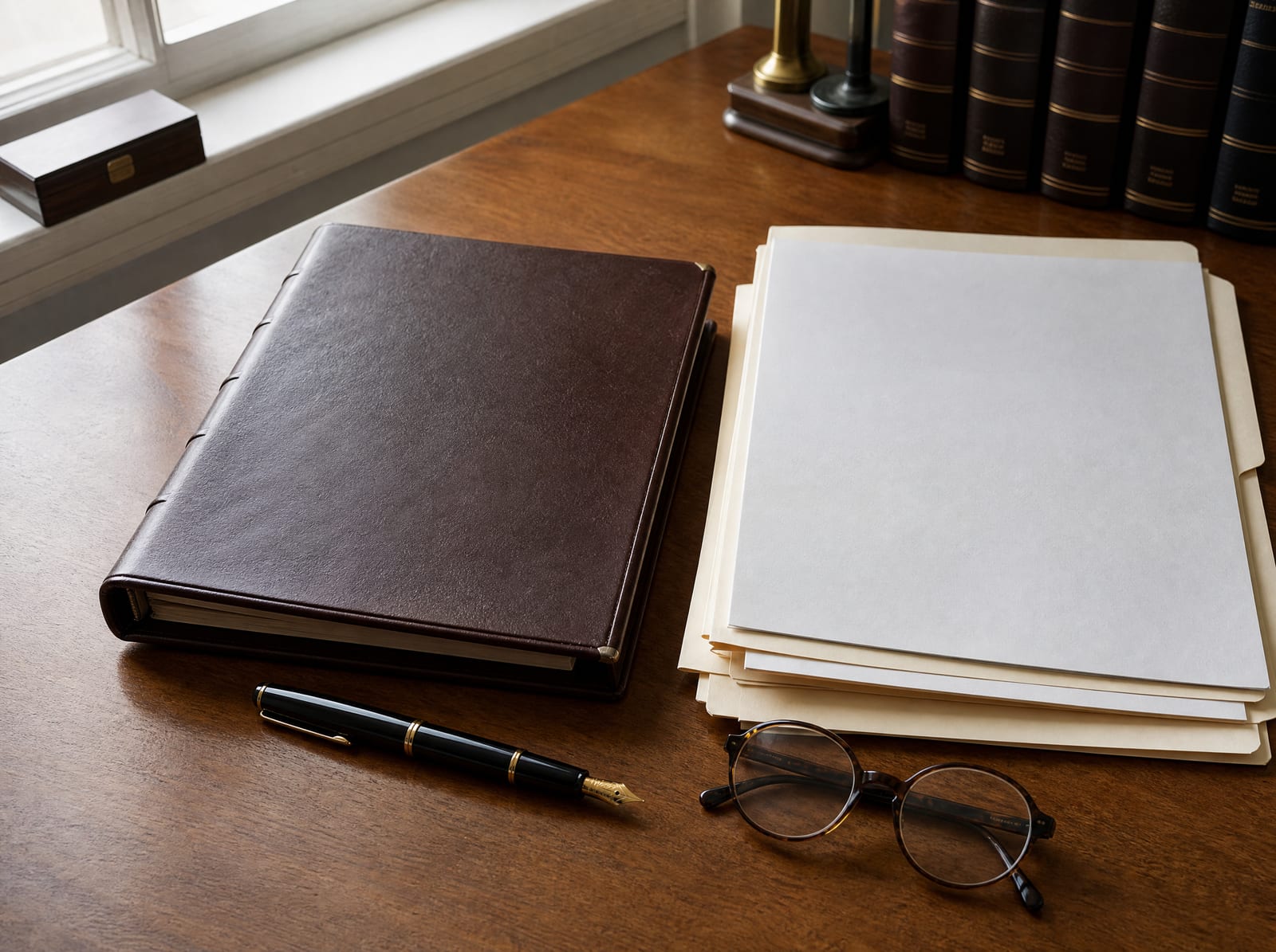 A bound last will and testament and a folder of estate documents on a warm wood desk, with a fountain pen and reading glasses, at the start of a probate matter