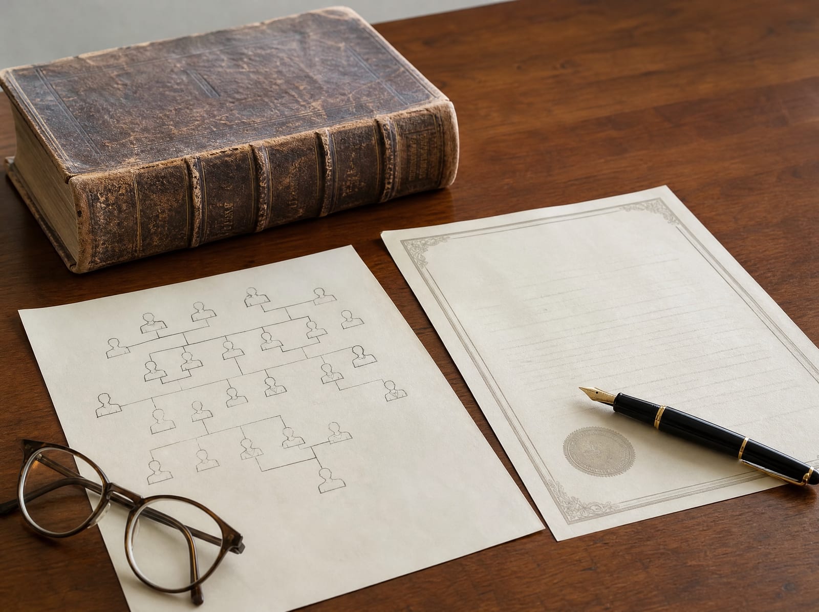 An old leather-bound family record book, a handwritten genealogy chart, and a property deed on a warm wood desk with a fountain pen and reading glasses, for determining rightful heirs