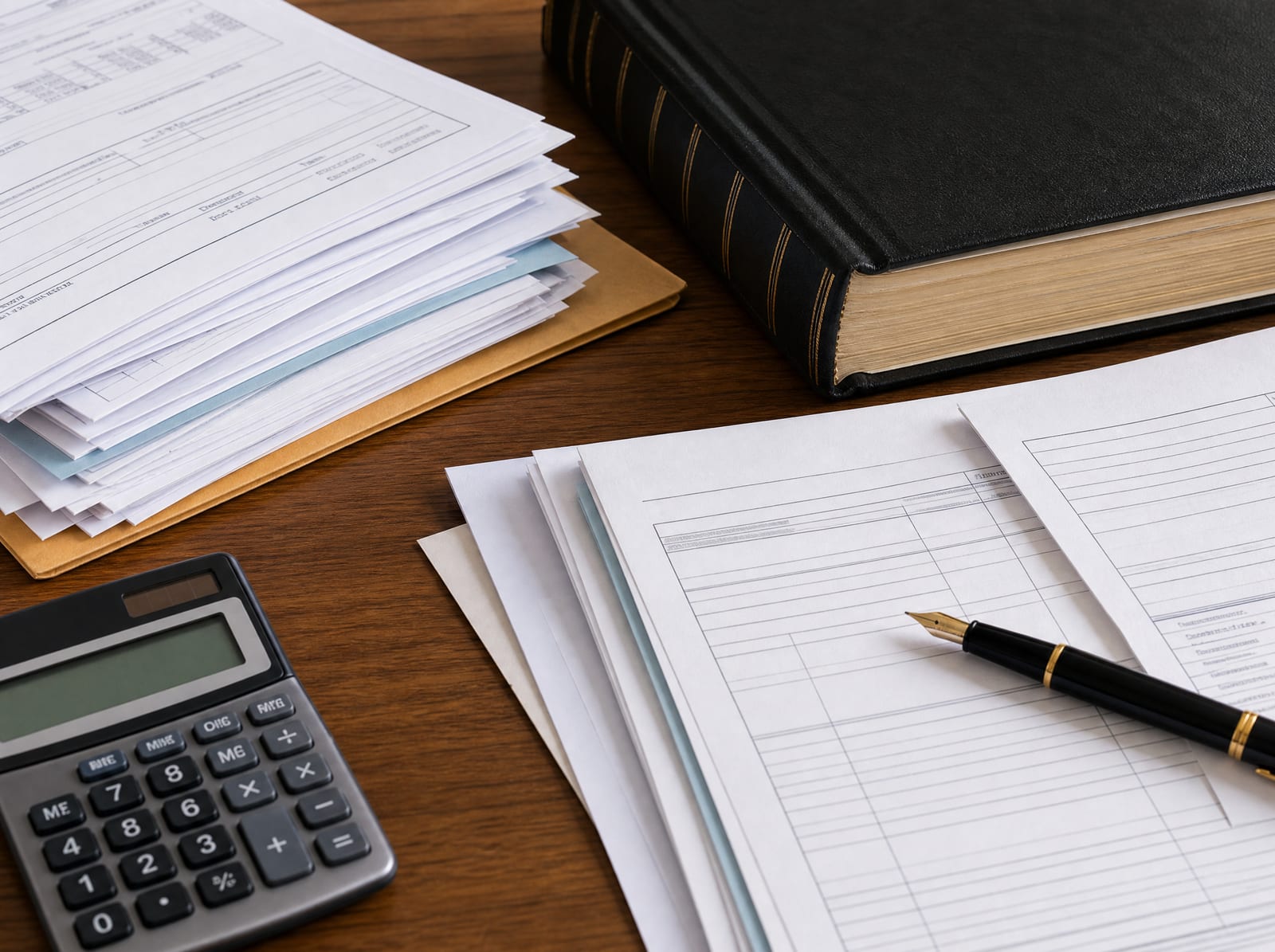 A stack of financial statements and invoices, a bound ledger, a calculator, and a fountain pen on a warm wood desk, representing creditor claims against an estate
