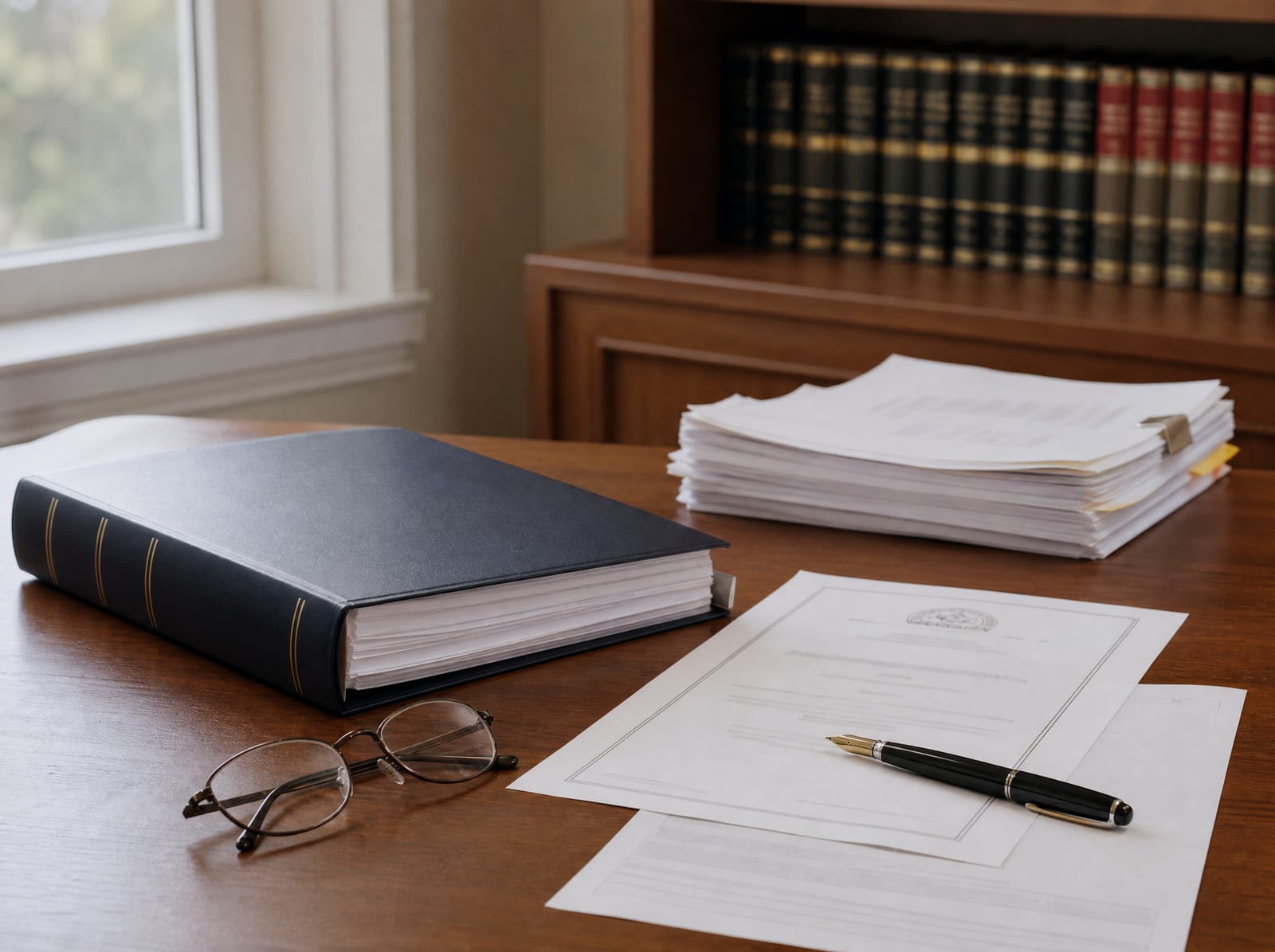 A bound estate-administration binder and court-issued administration documents on a warm wood desk with a fountain pen and reading glasses, with a shelf of law books behind