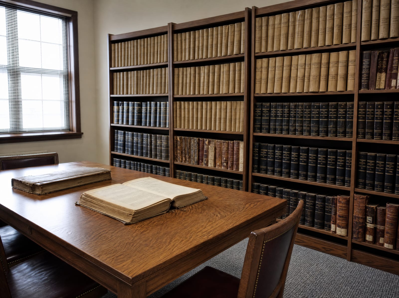 A county clerk's probate records room with tall shelves of bound record volumes and a wood reading table under soft window light