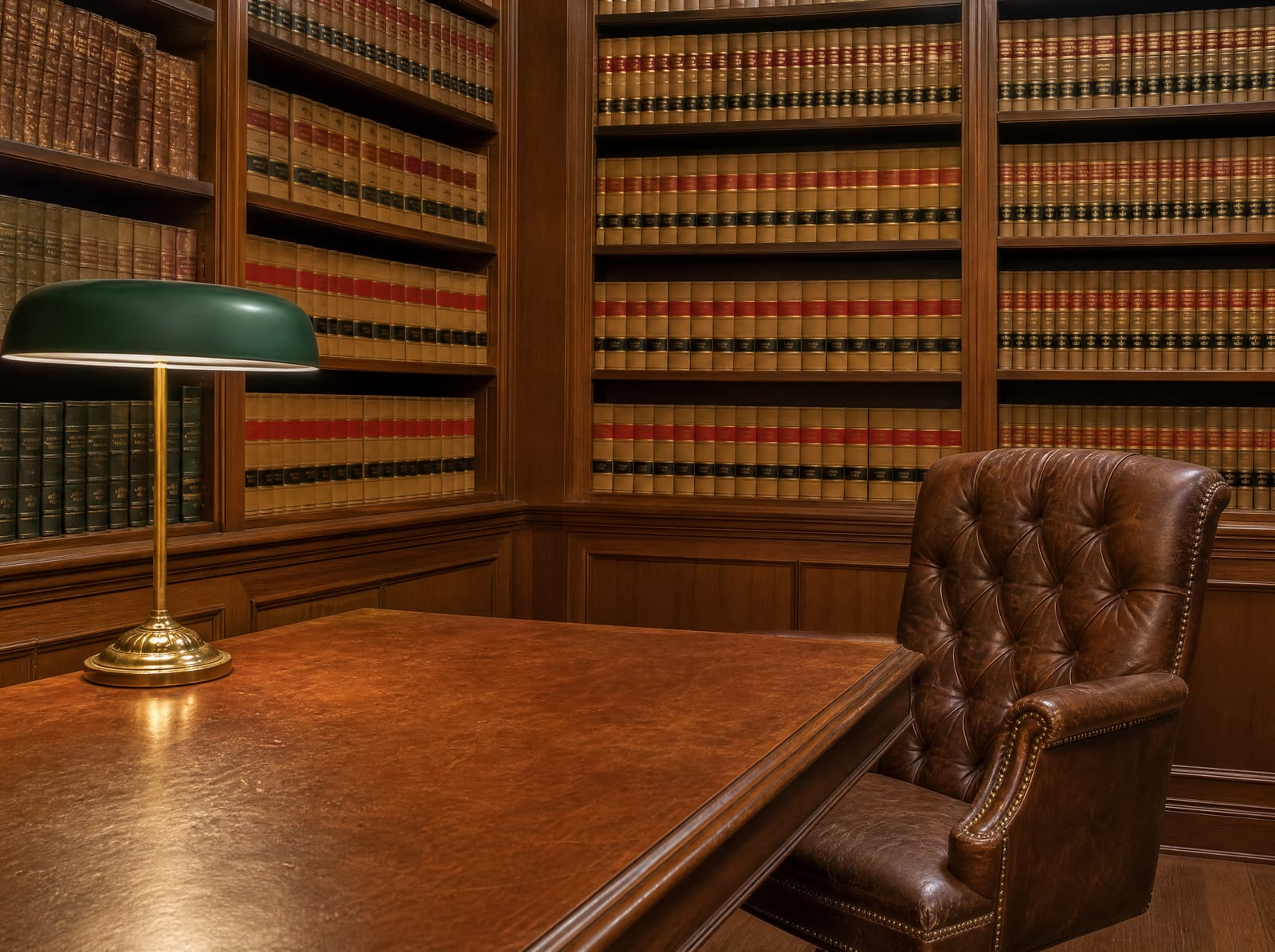A distinguished, established law-firm library of well-worn bound law reporters with a wood reading table, a green-shaded brass banker's lamp, and a leather chair, reflecting decades of Fort Bend County probate practice