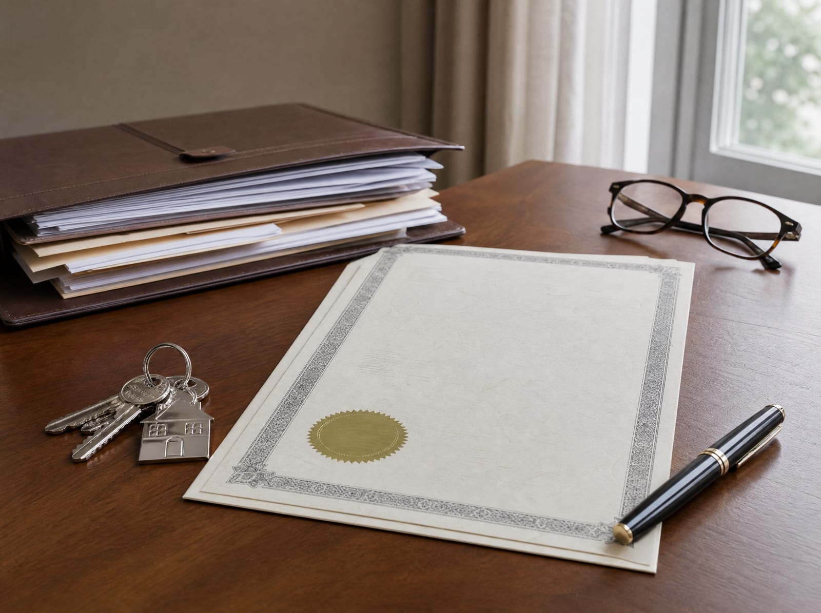 A formal property deed and a folder of real-estate documents on a warm wood desk, with a set of house keys, a fountain pen, and reading glasses, protecting property interests