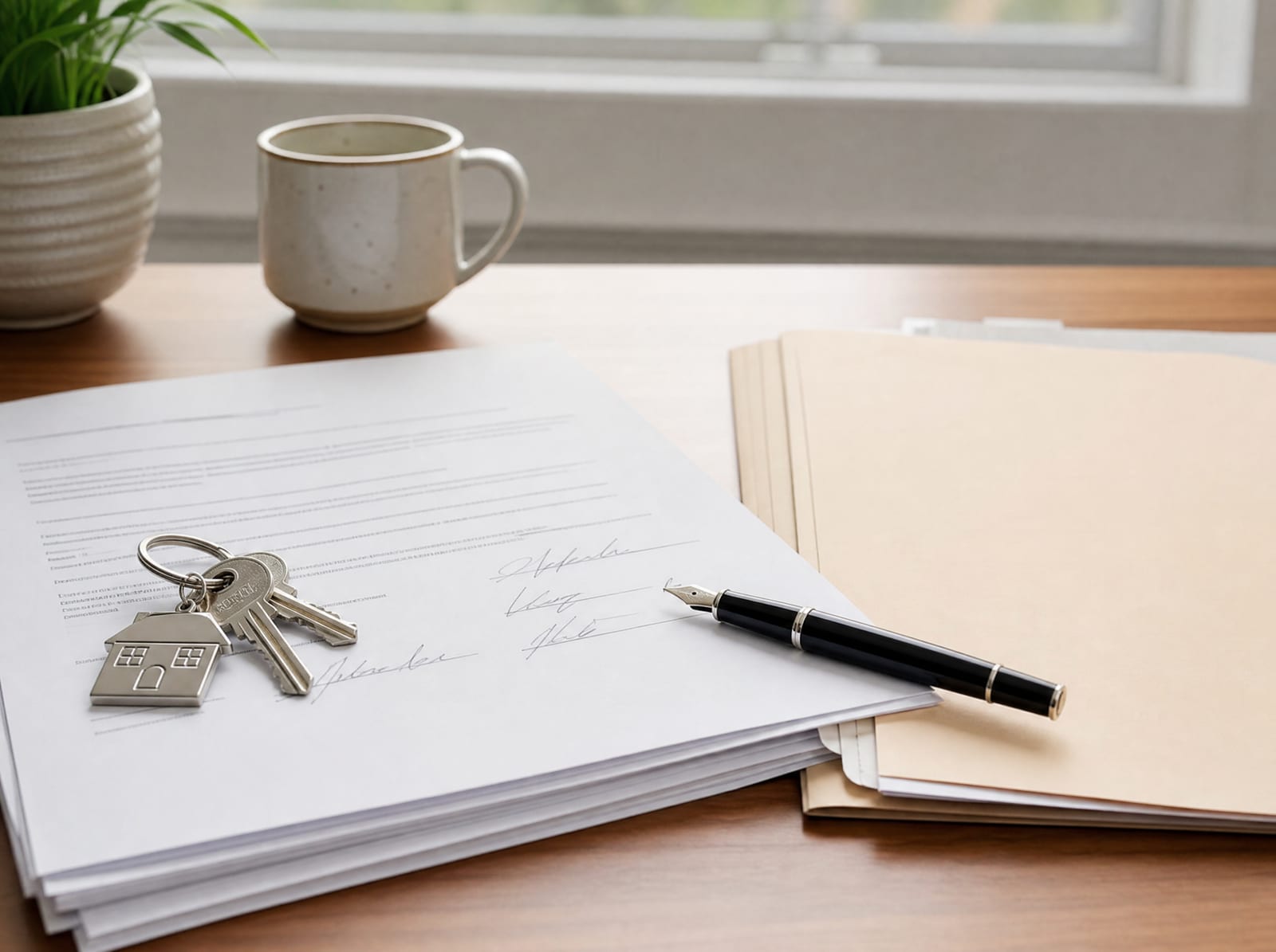 Signed real-estate closing documents, a set of house keys on a ring, a fountain pen, and a folder on a warm wood desk