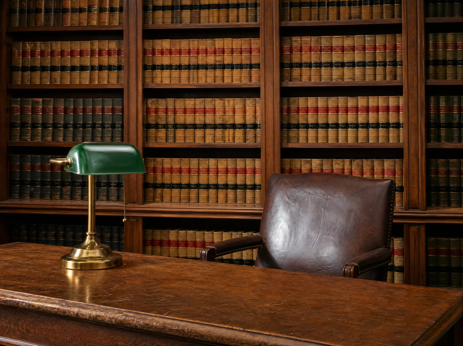A distinguished law-firm library of well-worn bound law reporters with a wood reading table, a green-shaded brass banker's lamp, and a leather chair