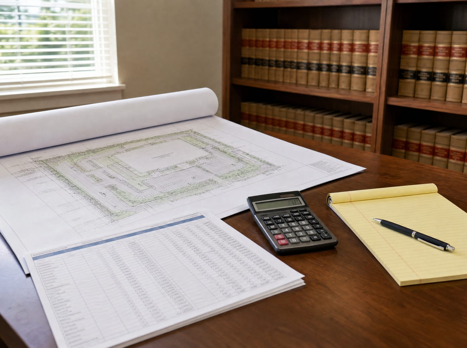 A commercial site plan, a financial printout, a calculator, and a legal pad on a law-office desk