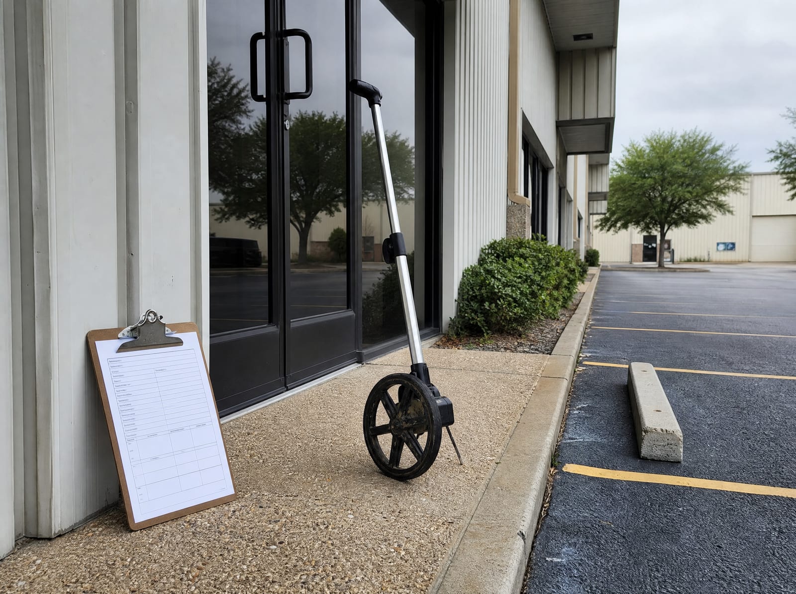 A property-inspection clipboard and a rolling measuring wheel near the glass entrance of a leased Texas commercial building during a valuation