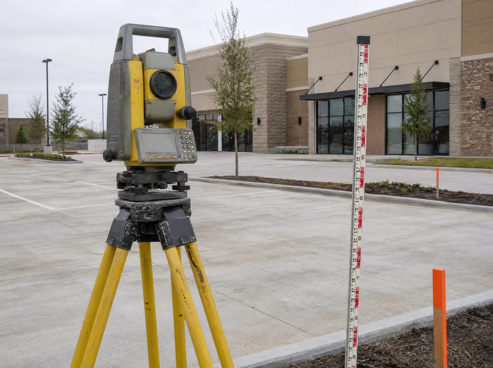 A surveyor's tripod and total station set up in a commercial parking lot with a building behind, during a valuation survey