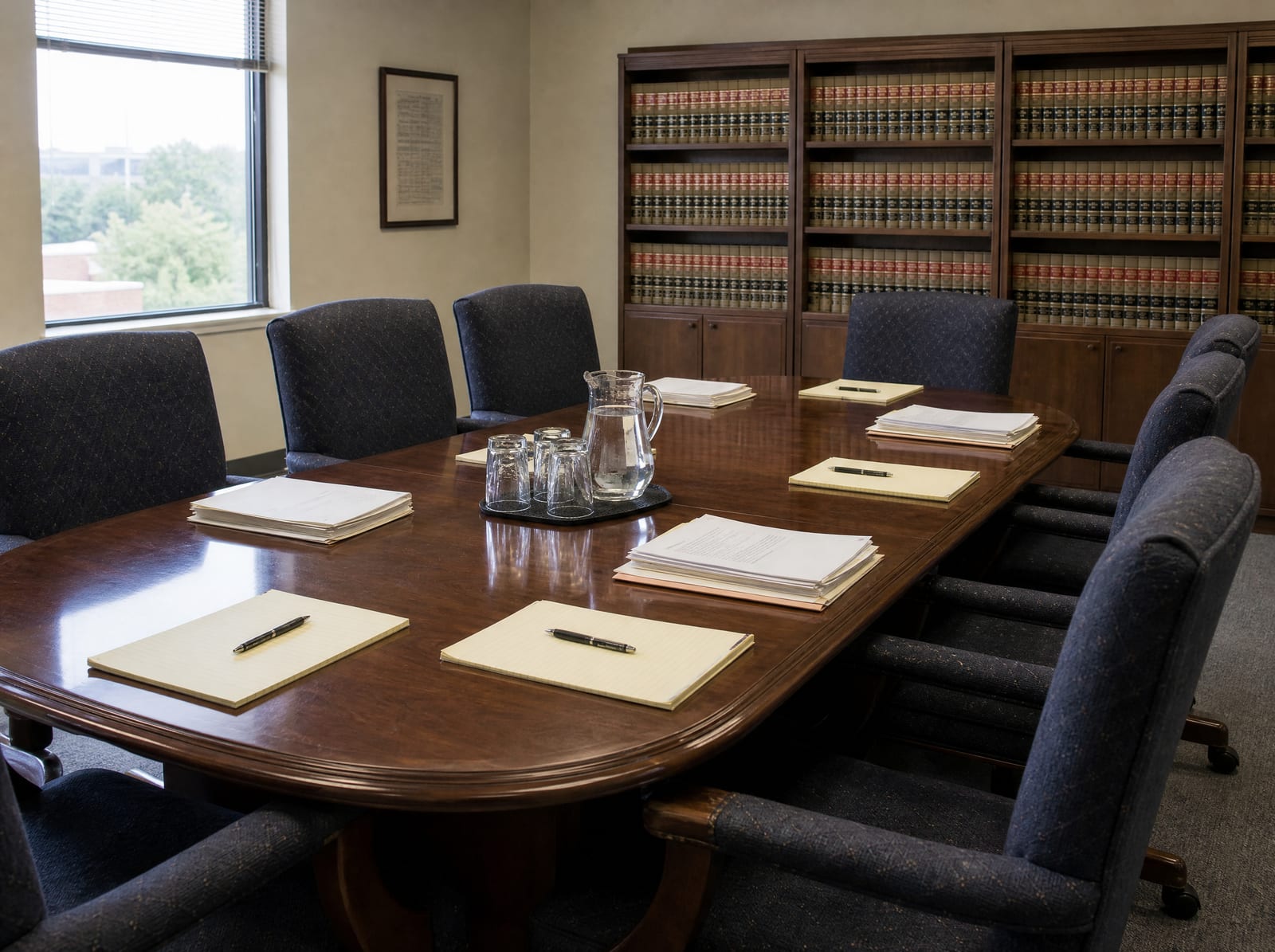 A law-office conference room with a long table, chairs, documents, and bound law books, set for negotiation with government attorneys