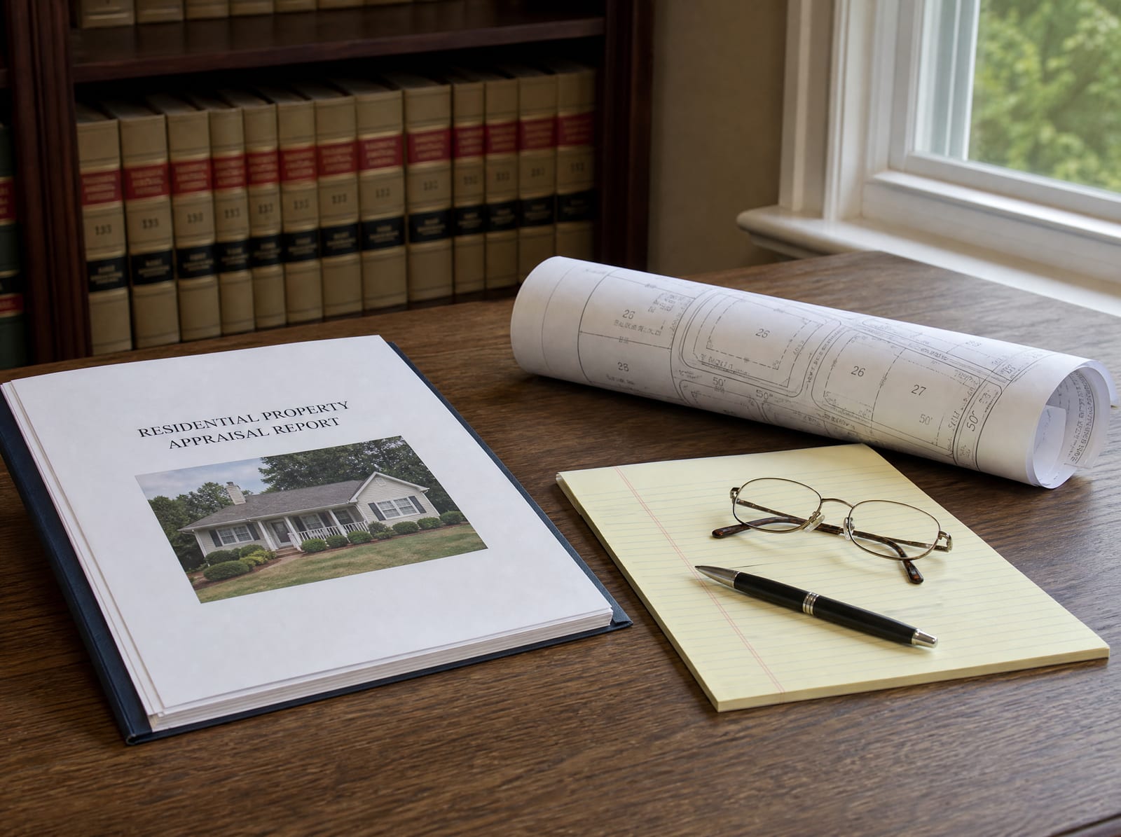 A residential property appraisal report, a rolled home site plan, a legal pad, and reading glasses on a law-office desk