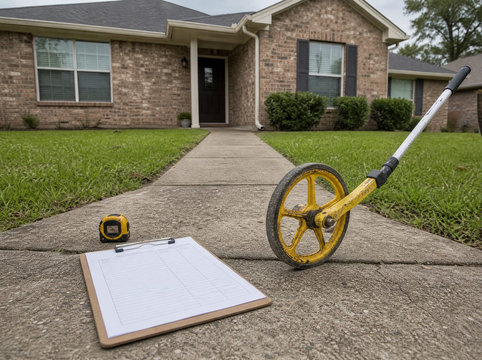 A property-inspection clipboard, a rolling measuring wheel, and a tape measure on the driveway of a suburban brick home during an appraisal