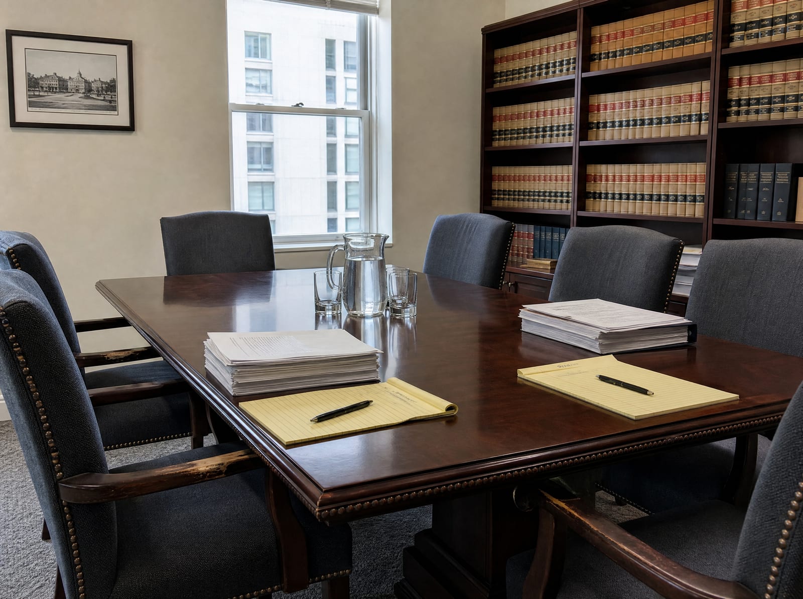 A law-office conference room with a long table, chairs, documents, and bound law books, set for negotiation