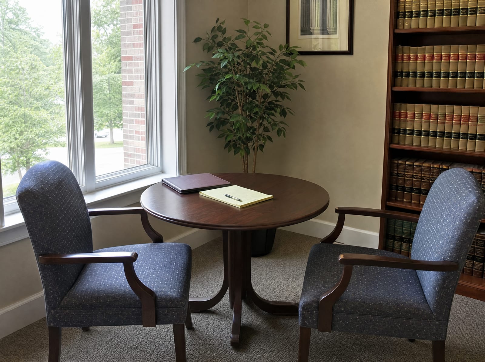 A calm law-office consultation corner with two chairs, a small table, law books, and a plant by a window