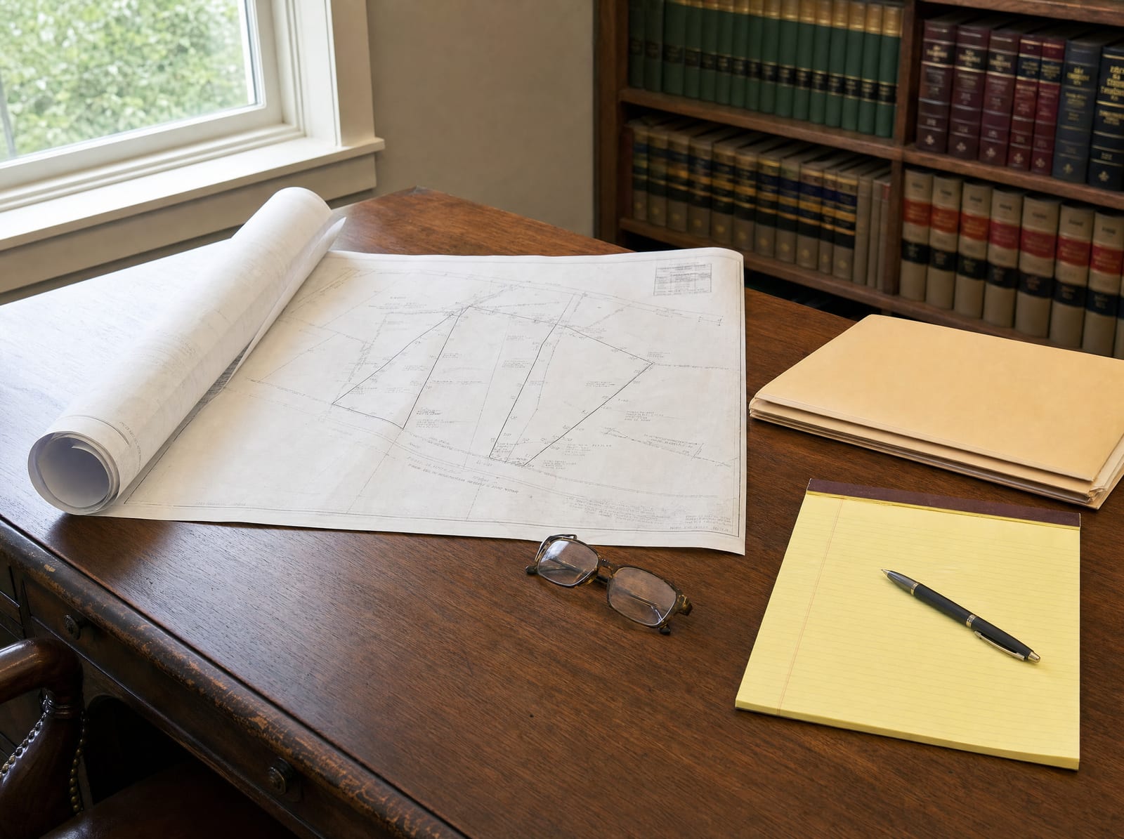 A rolled property survey plat map, a legal pad and pen, reading glasses, and file folders on a wood desk in a law office, with shelves of law books behind