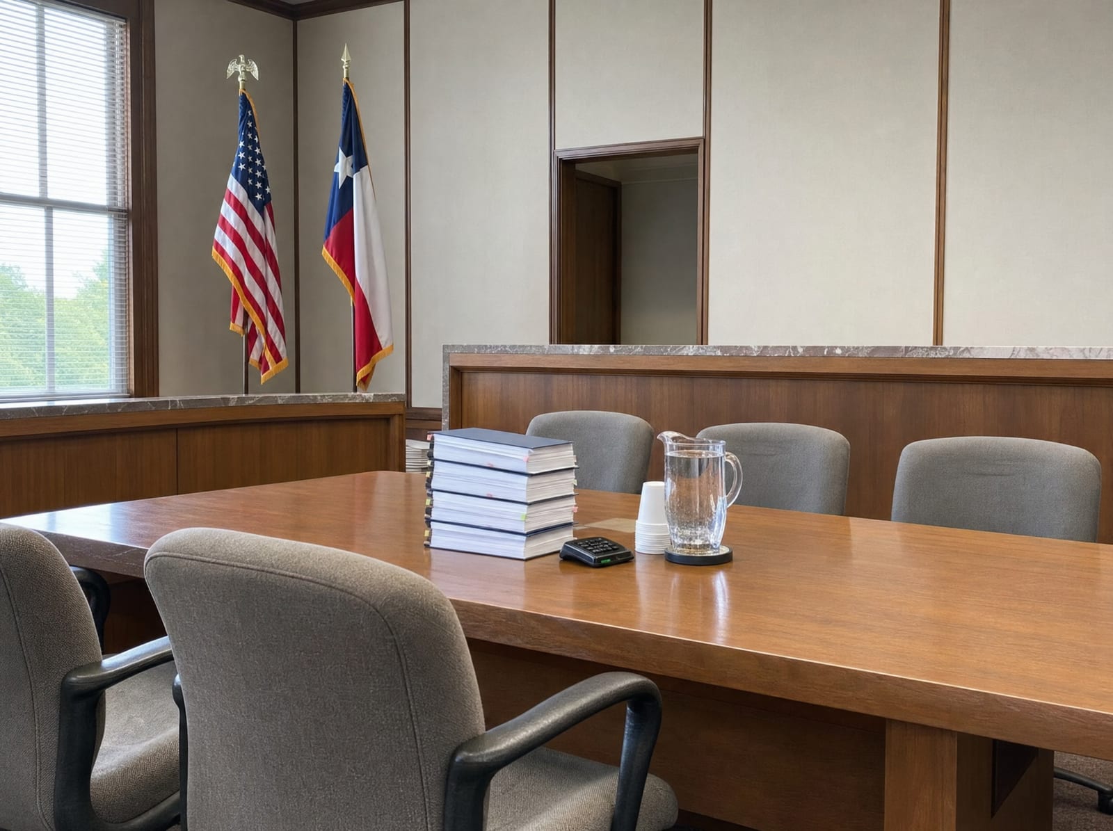 An orderly hearing room with a long wood table and chairs, a United States flag and a Texas flag, and bound documents, where a Special Commissioners condemnation hearing takes place