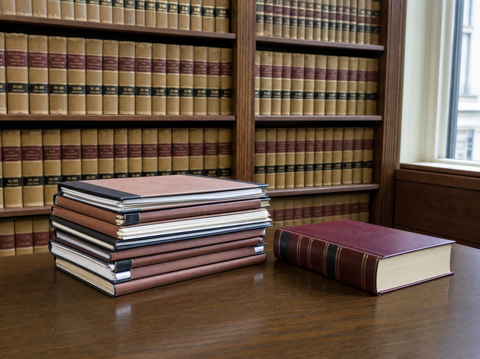 A law-firm library shelf of bound law reporters beside a reading table with a neat stack of closed case files, for post-trial proceedings
