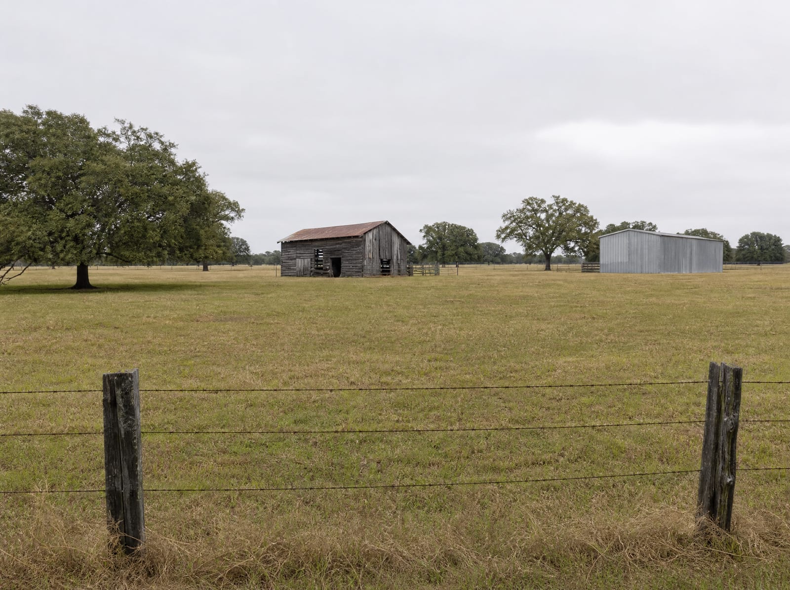 Open Fort Bend County pastureland with a cedar-post fence, a weathered barn, a metal outbuilding, and scattered live oaks, the land component of a property valuation