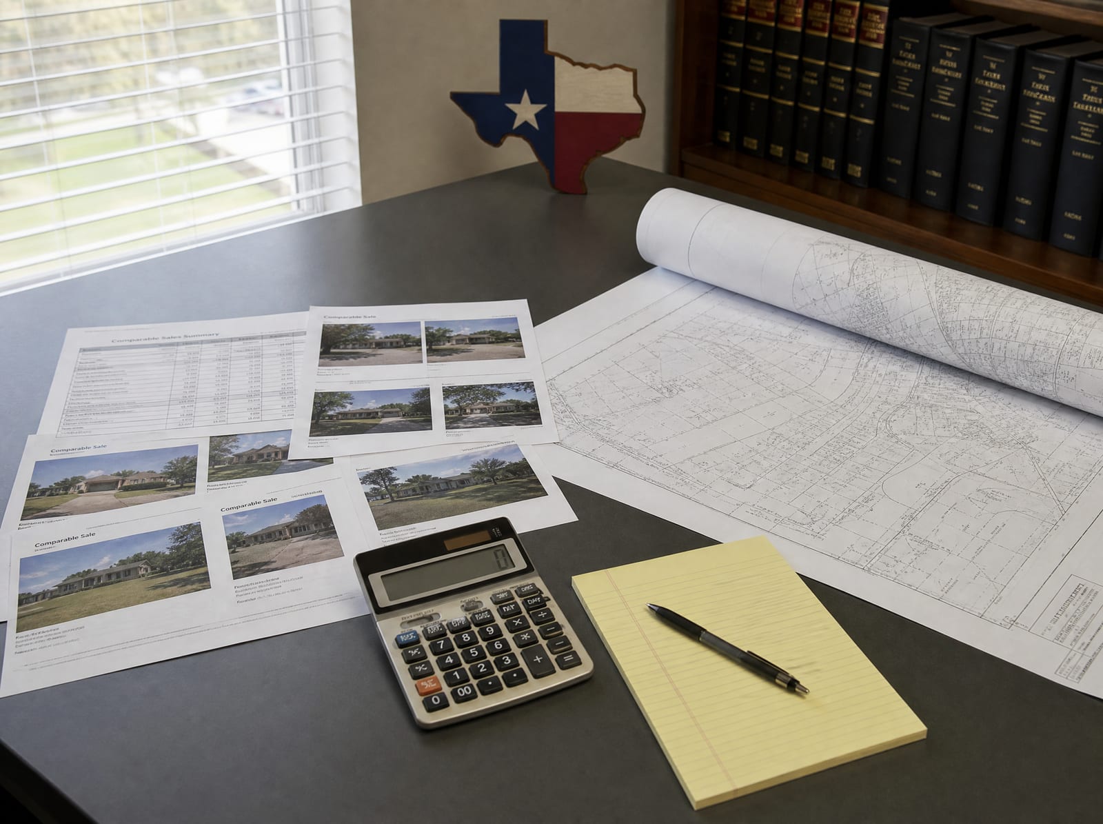 An appraiser's desk with comparable-sales printouts, property photos, a calculator, a legal pad, and a rolled plat map