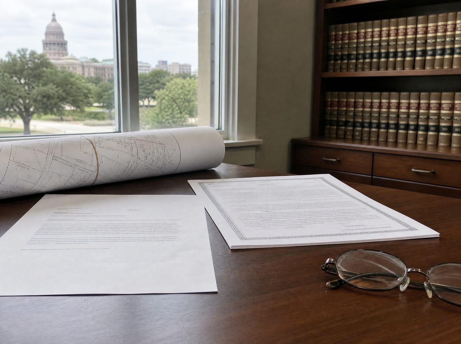 A printed condemnation offer letter and documents on a law-office desk beside a rolled property plat and reading glasses, an inadequate offer under review