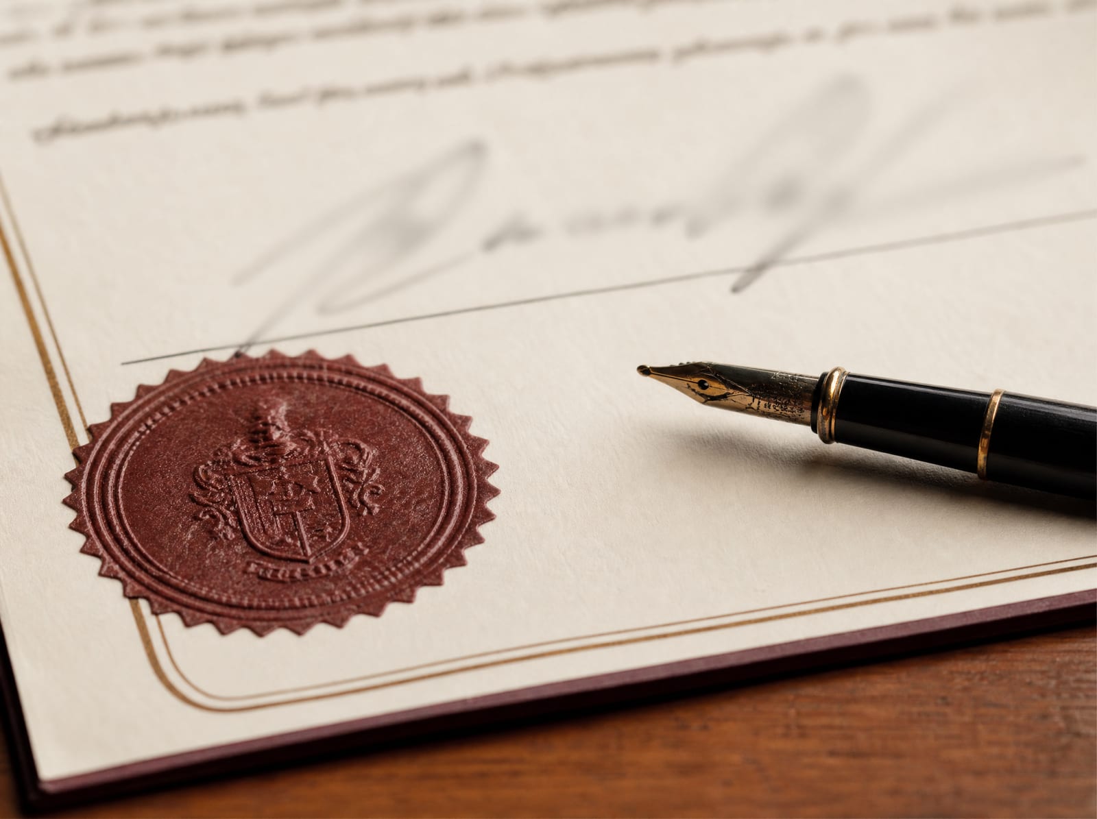 A close view of the signature page of a formal will on a wood desk with a fountain pen and an official embossed seal, suggesting questions of validity, capacity, and undue influence