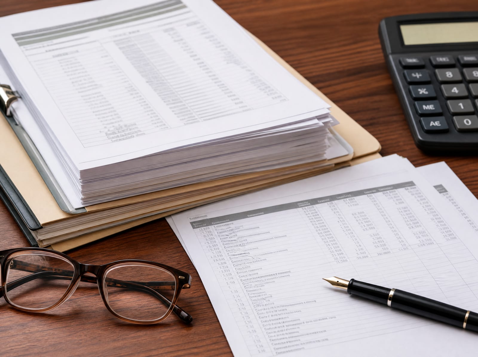 A stack of legal invoices and financial statements, a calculator, a fountain pen, and reading glasses on a warm wood desk, representing the cost of contesting a will
