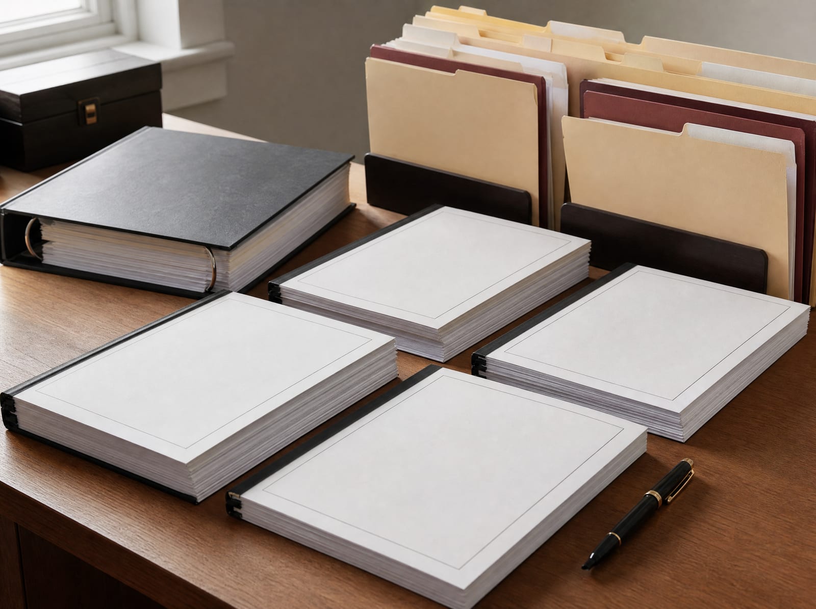Several tabbed folders, a bound binder, and neatly arranged legal briefs beside a fountain pen on a warm wood desk, representing a range of estate disputes