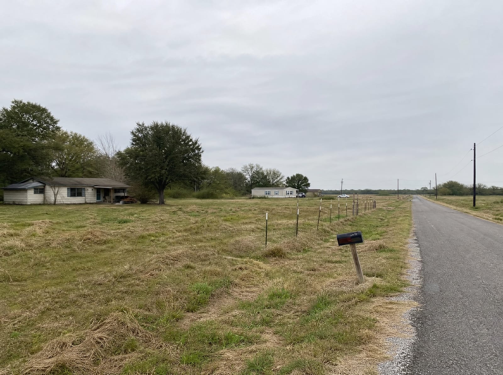 Modest single-family and manufactured homes set back on large grassy lots along a quiet county road on the rural-to-suburban edge of Arcola, Texas, with scattered live oaks and open farmland under an overcast sky