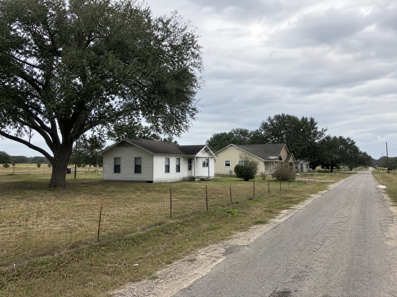 A quiet cluster of modest single-family homes along a country road on the rural edge of Beasley, Texas in Fort Bend County, with open farmland, scattered live oaks, and a wire fence