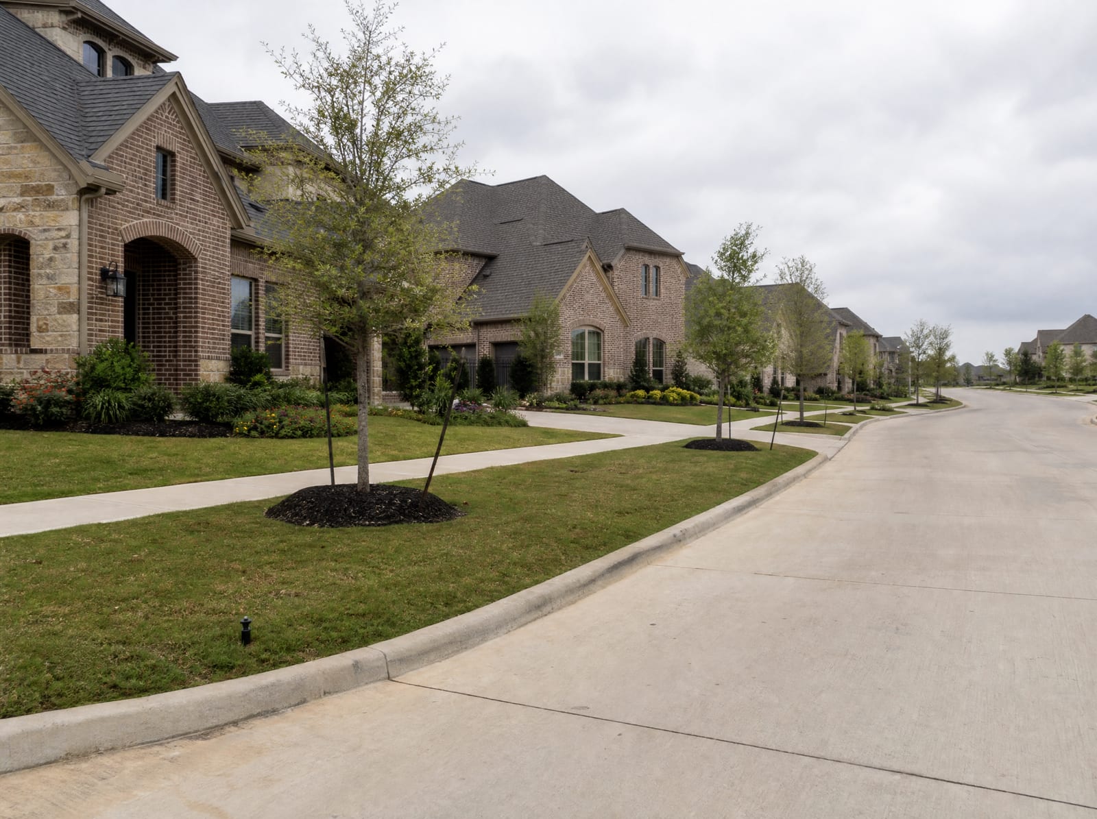 A quiet upscale master-planned residential street in Fulshear, Texas, with larger two-story brick and stone homes, manicured landscaping, young trees, wide sidewalks, and a curbed street under an overcast sky