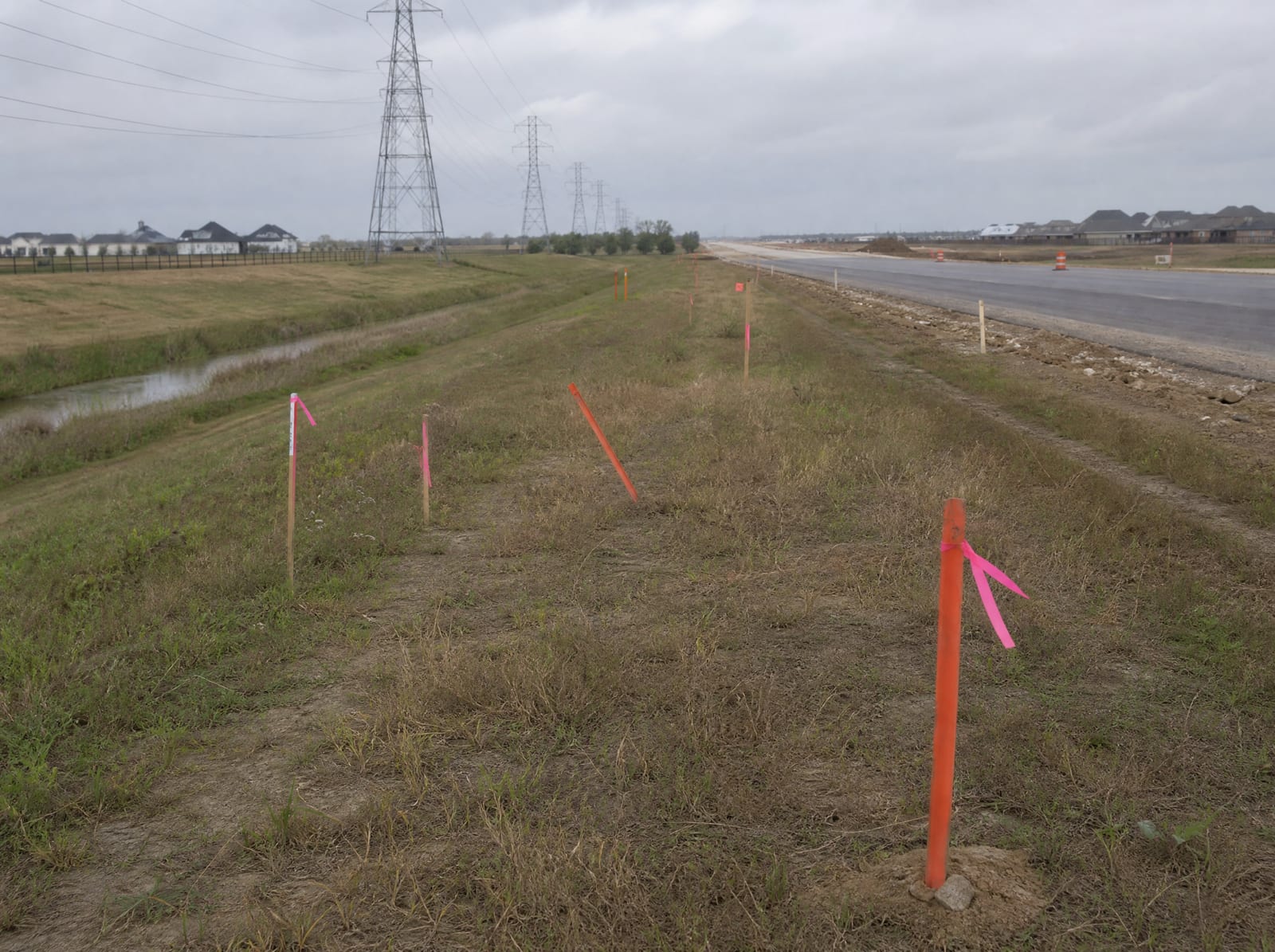 Orange survey stakes and pink right-of-way flags along a grassy strip beside a widening farm-to-market road near Fulshear, Texas, with distant transmission towers and a drainage ditch, showing right-of-way acquisition pressure