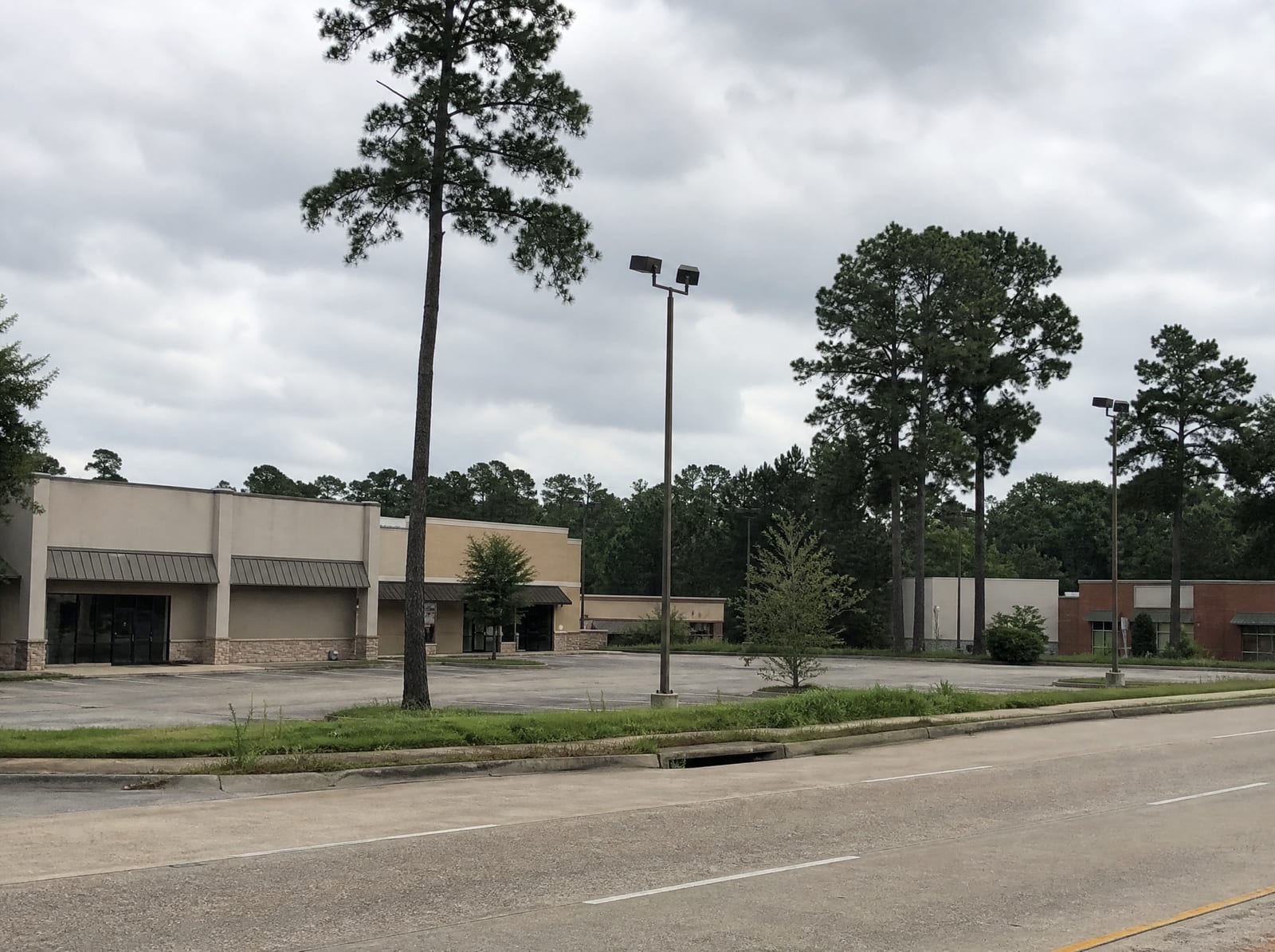 A modest suburban retail and commercial frontage in Humble, Texas, with low strip-center and retail buildings, a shared asphalt parking lot, tall pine trees, and light poles along a wide arterial road under an overcast sky