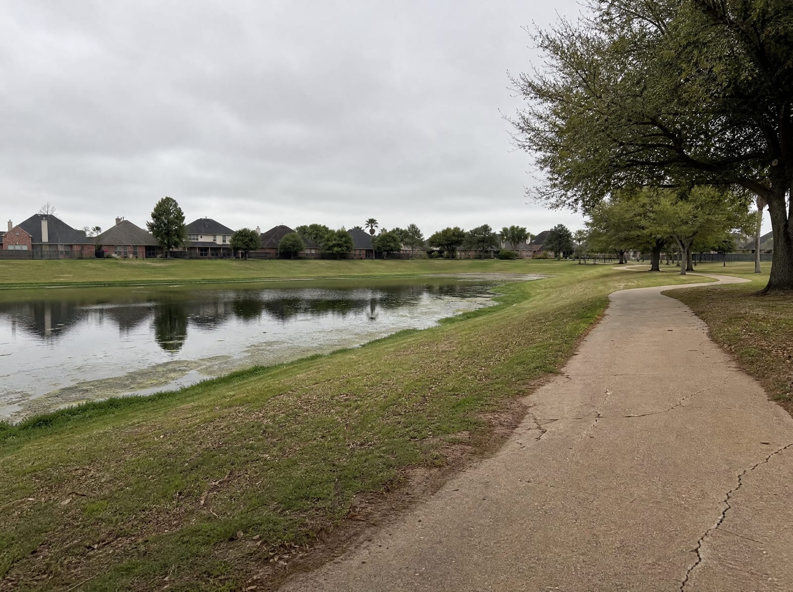 A suburban neighborhood park and landscaped retention pond in Missouri City, Texas, with mown grassy banks, a paved walking path, mature shade trees, and established brick-home rooftops beyond under an overcast sky