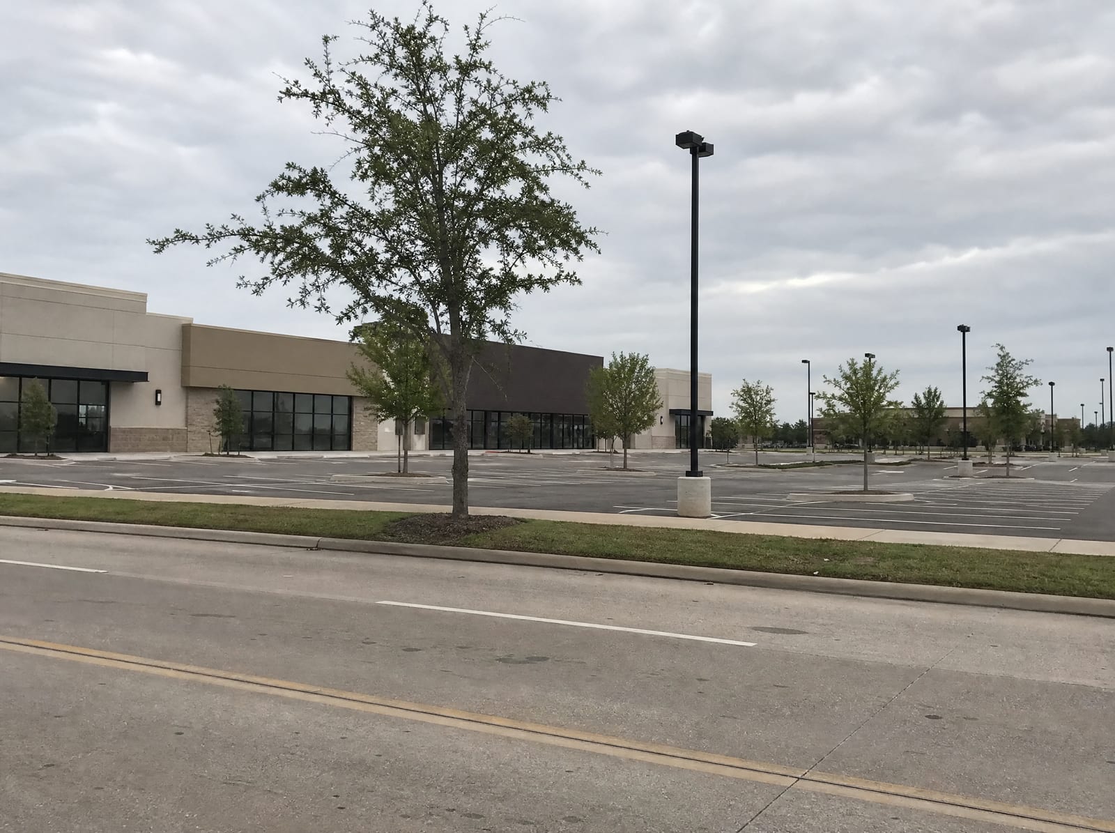 A modern suburban retail and commercial frontage in Pearland, Texas, with low strip-center buildings, a large shared asphalt parking lot, young landscaped trees, and light poles along a wide arterial road under an overcast sky