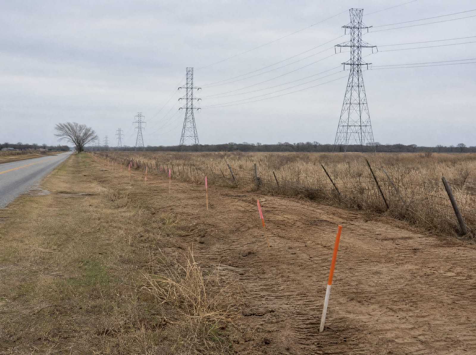 Orange survey stakes and pink right-of-way flags crossing a flat Fort Bend County grassland tract beside a farm-to-market road, with distant electric transmission towers, showing road-widening pressure near Richmond, Texas