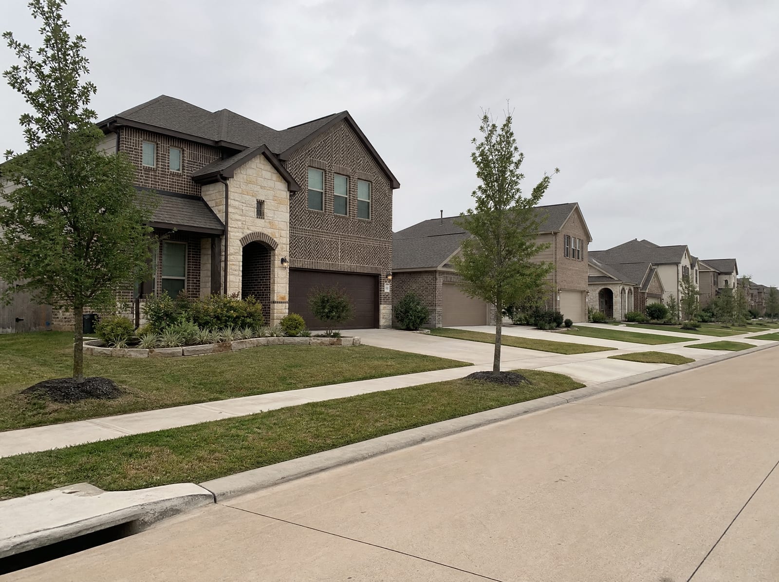 A quiet newer master-planned residential street in Sienna near Missouri City, Texas, with two-story brick and stone suburban homes, manicured landscaping, young trees, wide sidewalks, and a curbed street under an overcast sky