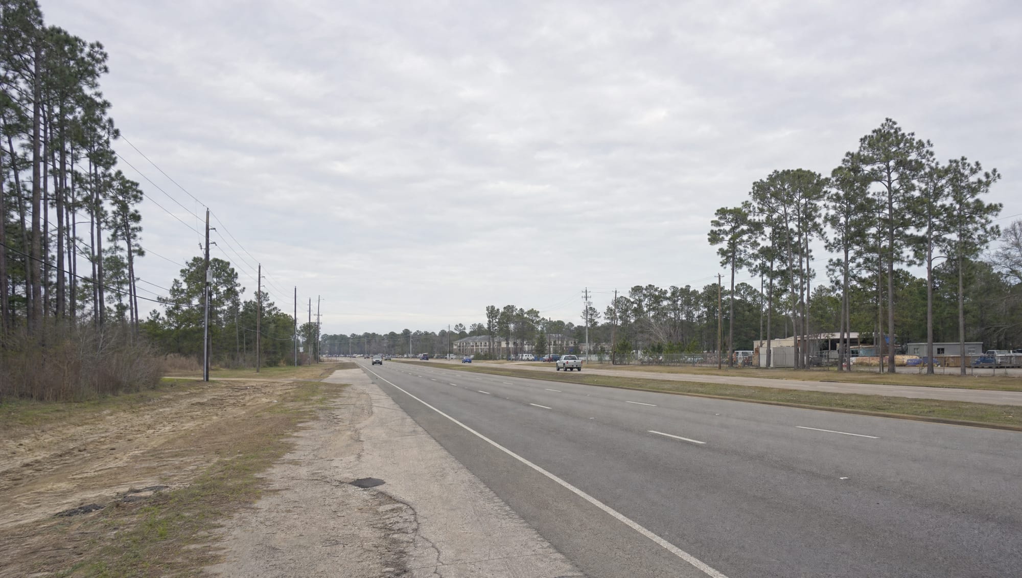 The State Highway 249 corridor through Tomball in northwest Harris County, Texas, a wide multi-lane road with low commercial frontage, growing suburban development, and tall loblolly pine trees along the edges under a big pale sky